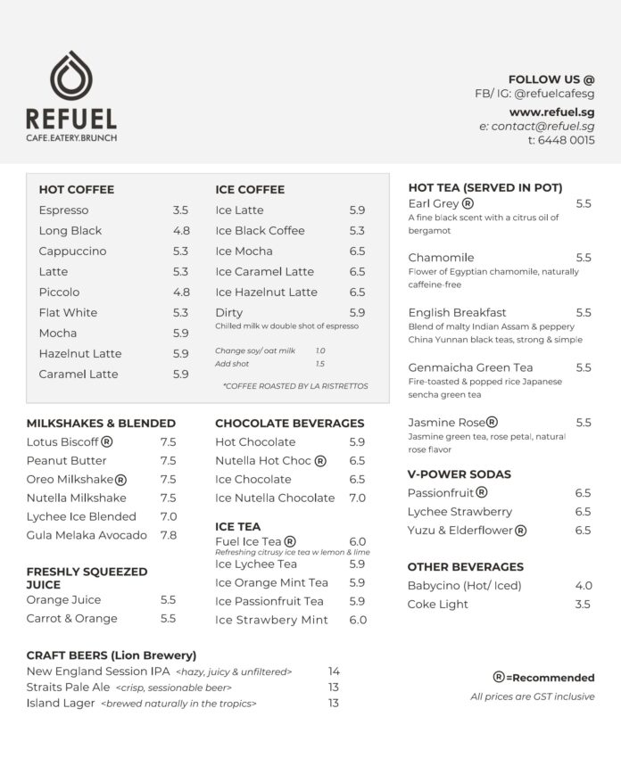 Refeel Rd Refuel Cafe Menu & Prices List Singapore 2026